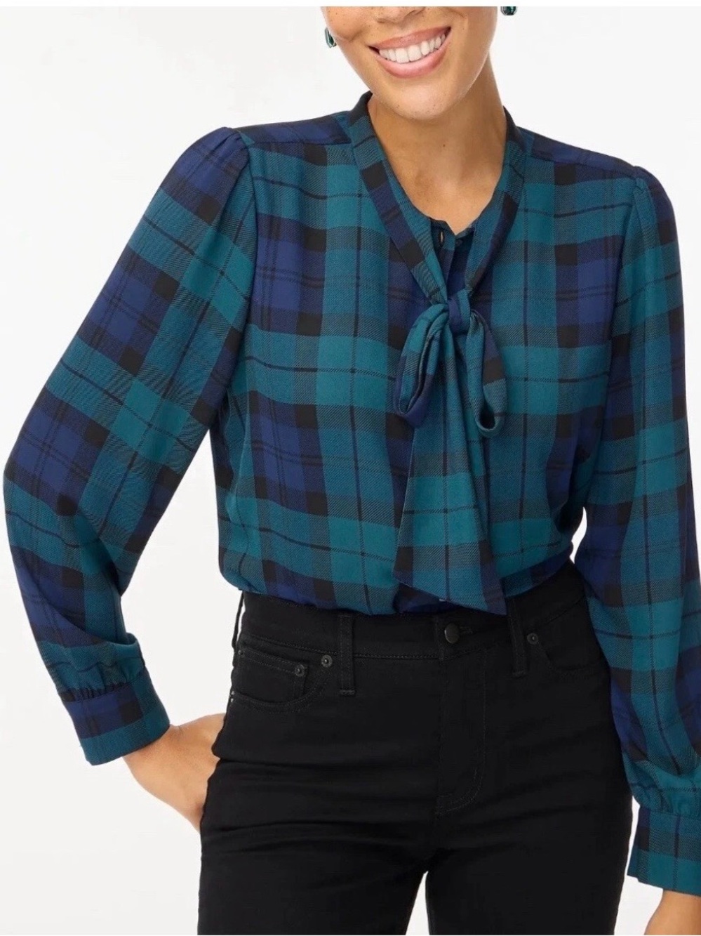 NWT J.Crew Teal & Navy Plaid Tie-Neck Blouse size S.